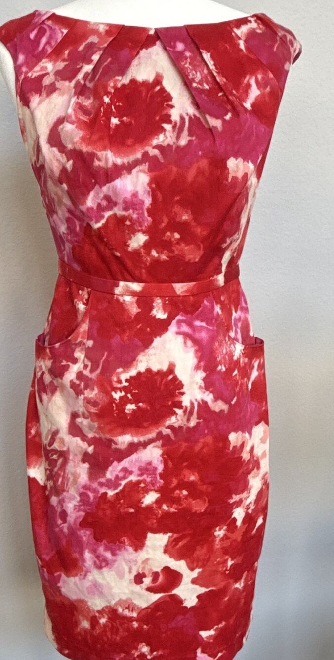 Adrianna Papell Sheath Sleeveless Floral Pocket Knee Dress Red Pink White 2
